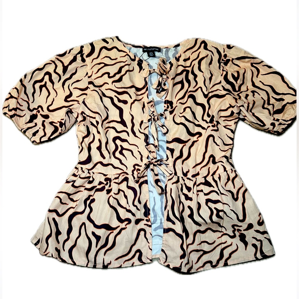 PLT- Beige Zebra Print Buff Sleeve Bow Tie Top